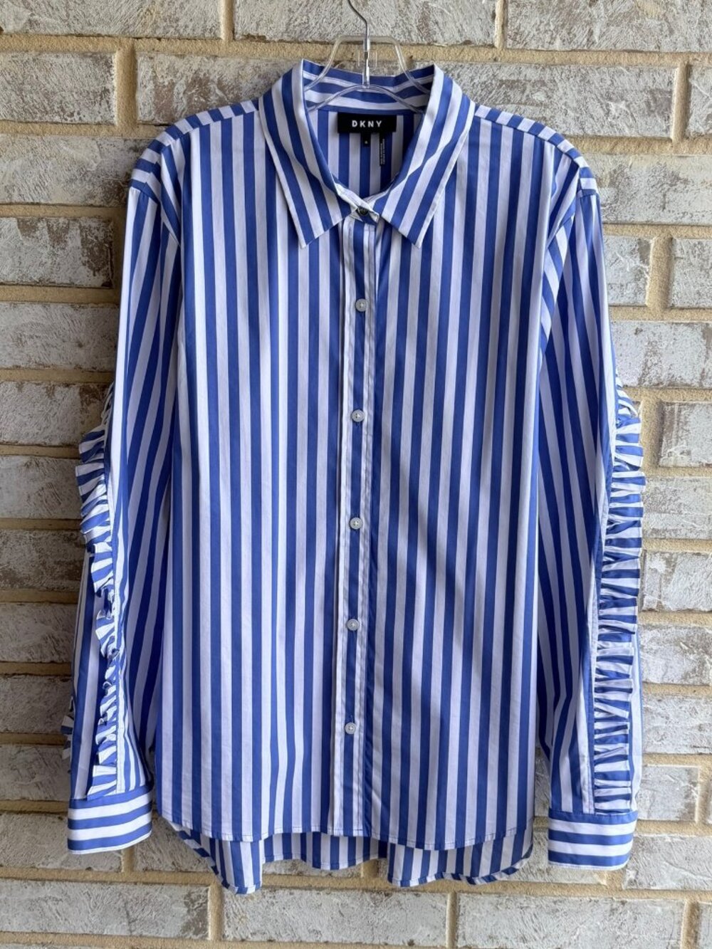 DKNY Ruffled Long Sleeve Button Up Blue/White Striped Shirt Women's Size XL - Picture 1 of 8
